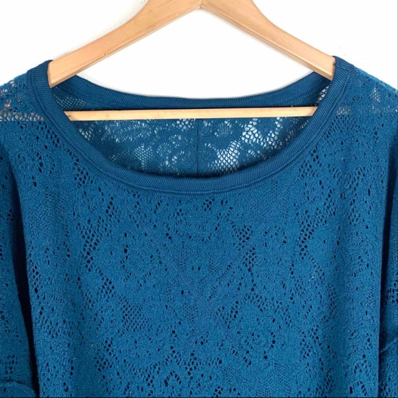 Free People Sweater Open Knit Teal Crewneck Large - Picture 2 of 4